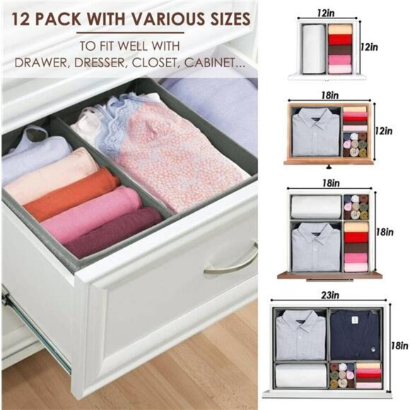 Drawer Organizers 12 Pack Closet Storage Bins for Clothes Socks Underwear - Picture 3 of 8